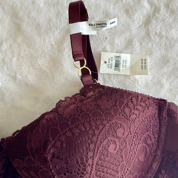 NWT Aerie Real Power Burgundy Floral Lace Balconette Bra - 34D - Picture 3 of 6